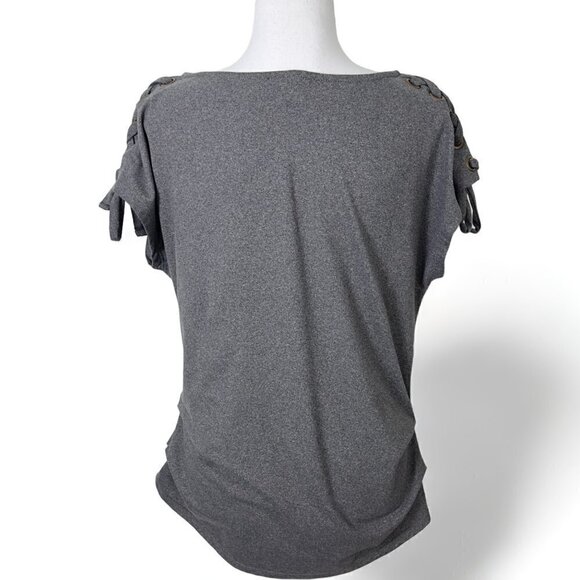 AUW Gray Ruched Waist Lace up Gourmet Shoulder Jersey T-Shirt Top (S) - Picture 4 of 10